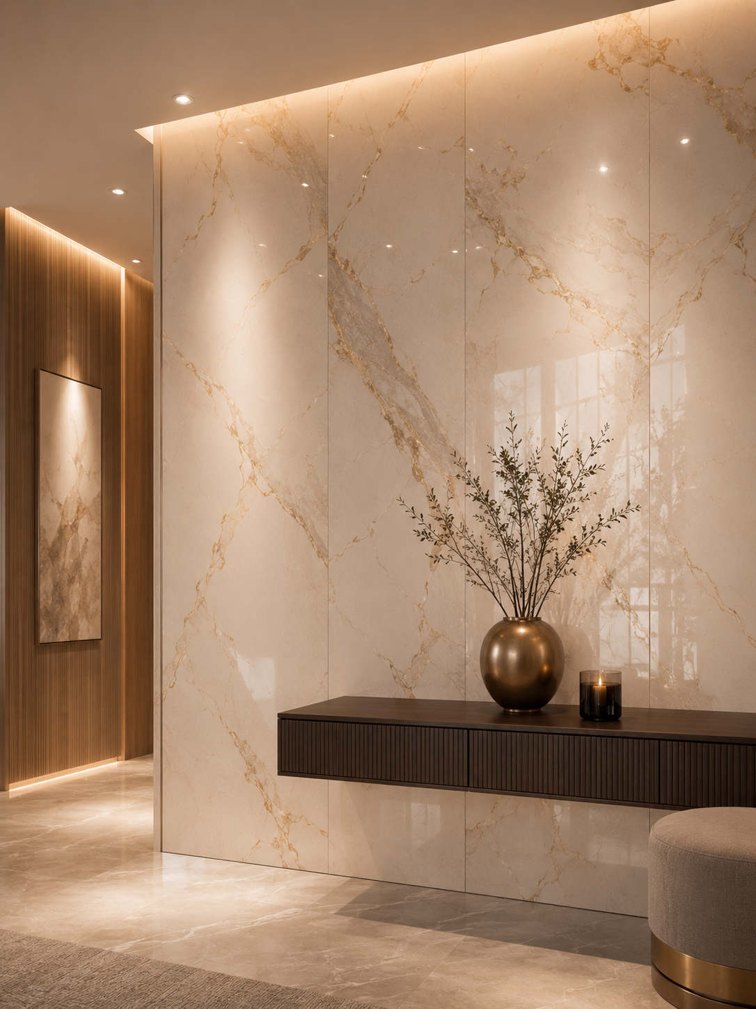 Marble-look PVC wall panels in a refined interior